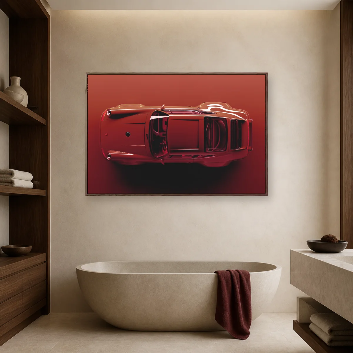 Red Porsche Overhead Sports Car Wall Art — espresso room mockup