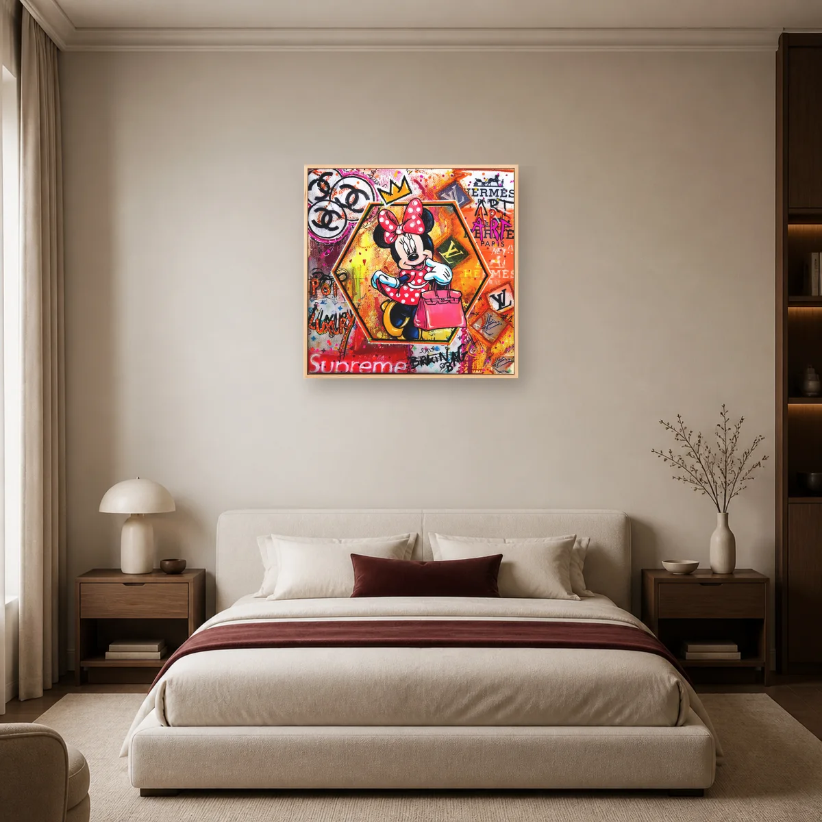 Minnie Mouse Luxury Pop Art Canvas Print — natural room mockup
