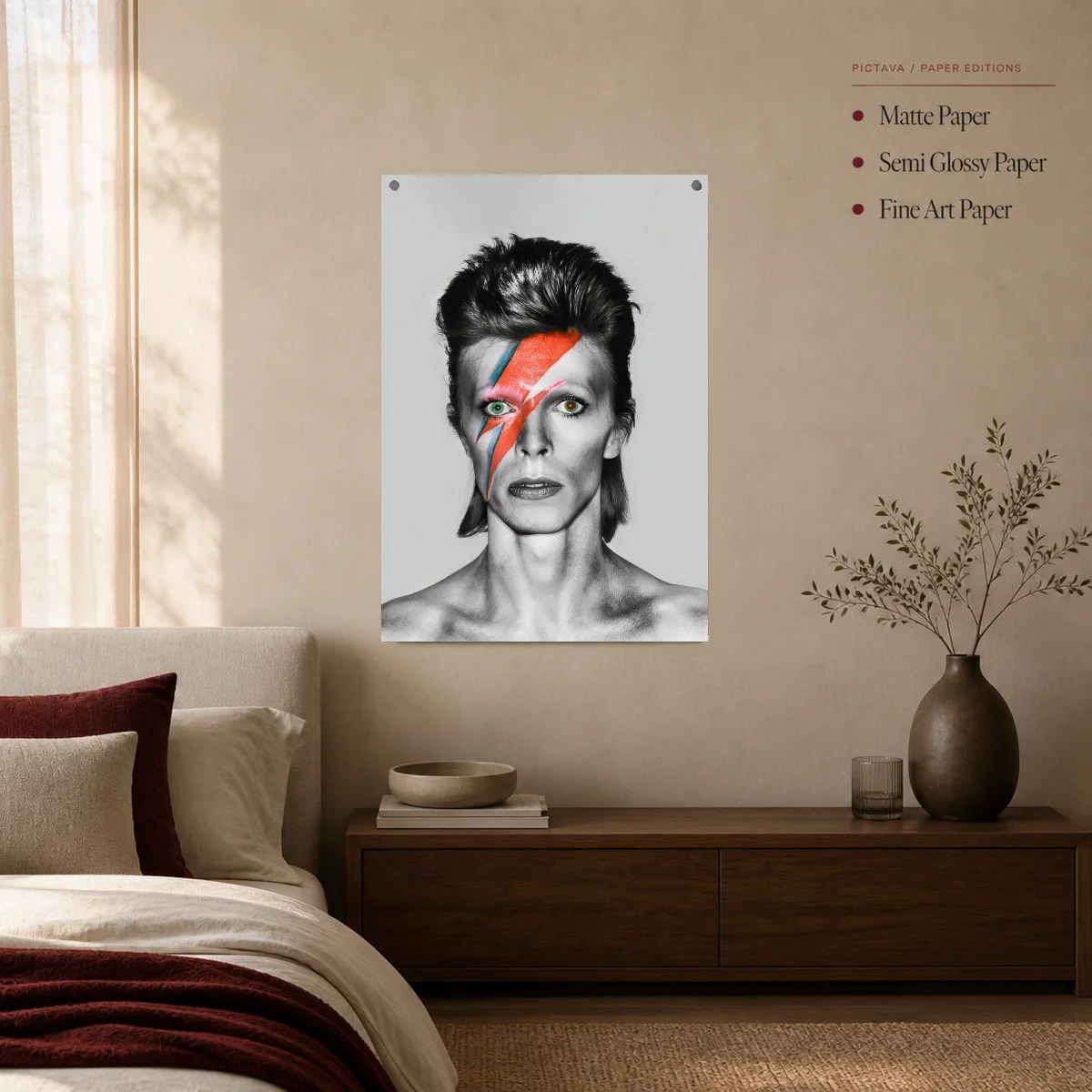 David Bowie Red and Blue Lightning Bolt Portrait Print — poster room mockup
