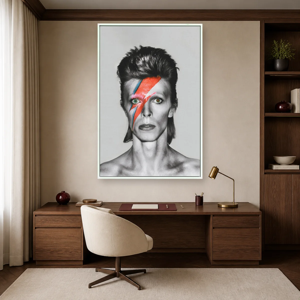 David Bowie Red and Blue Lightning Bolt Portrait Print — white room mockup