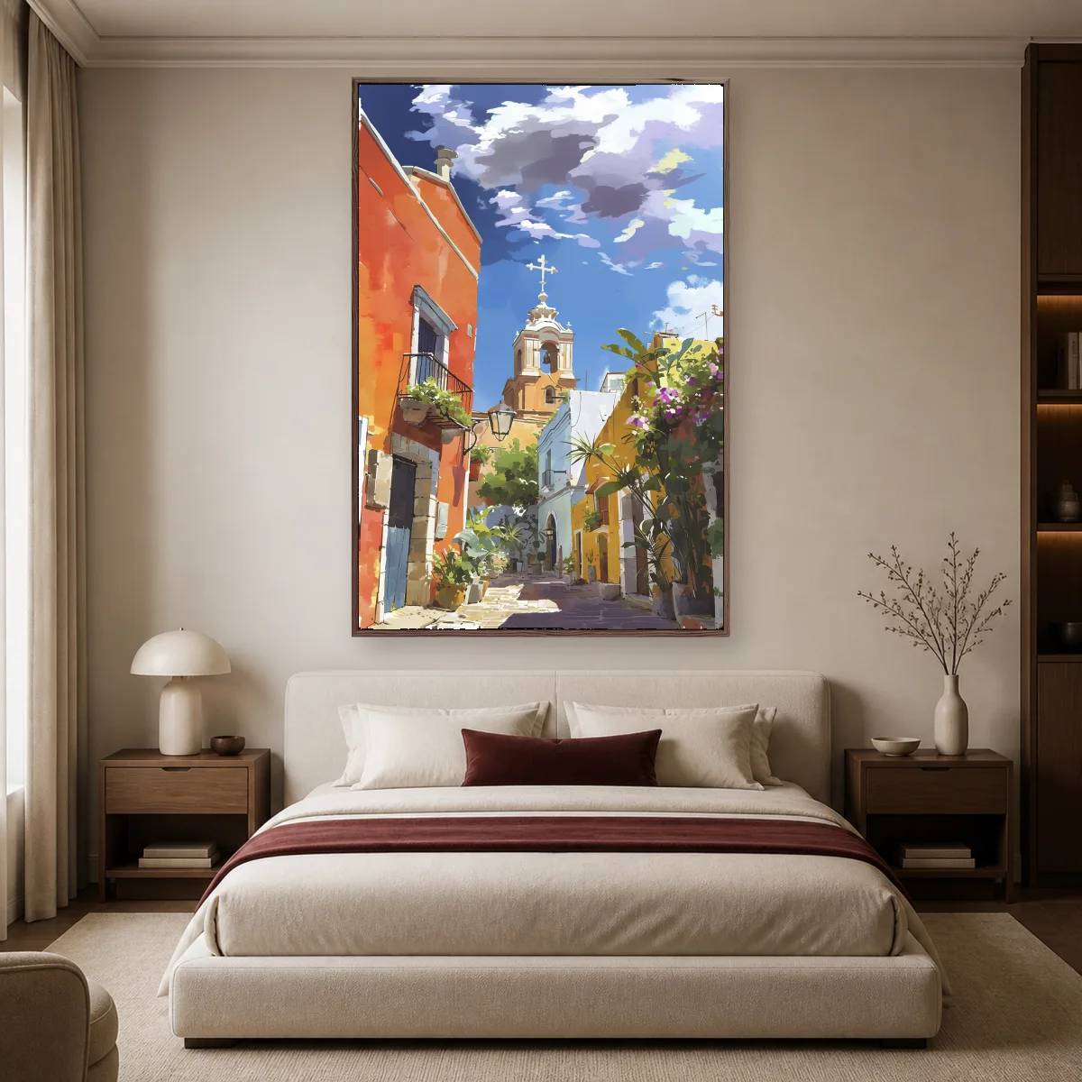 Vibrant Mediterranean Street Art with Church Tower — espresso room mockup