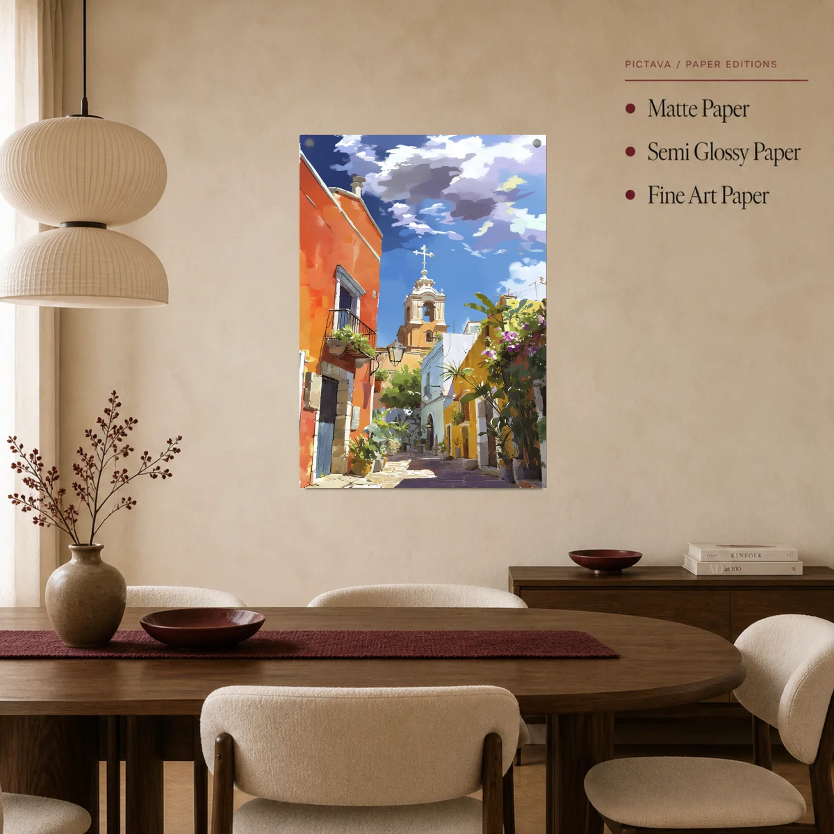 Vibrant Mediterranean Street Art with Church Tower — poster room mockup