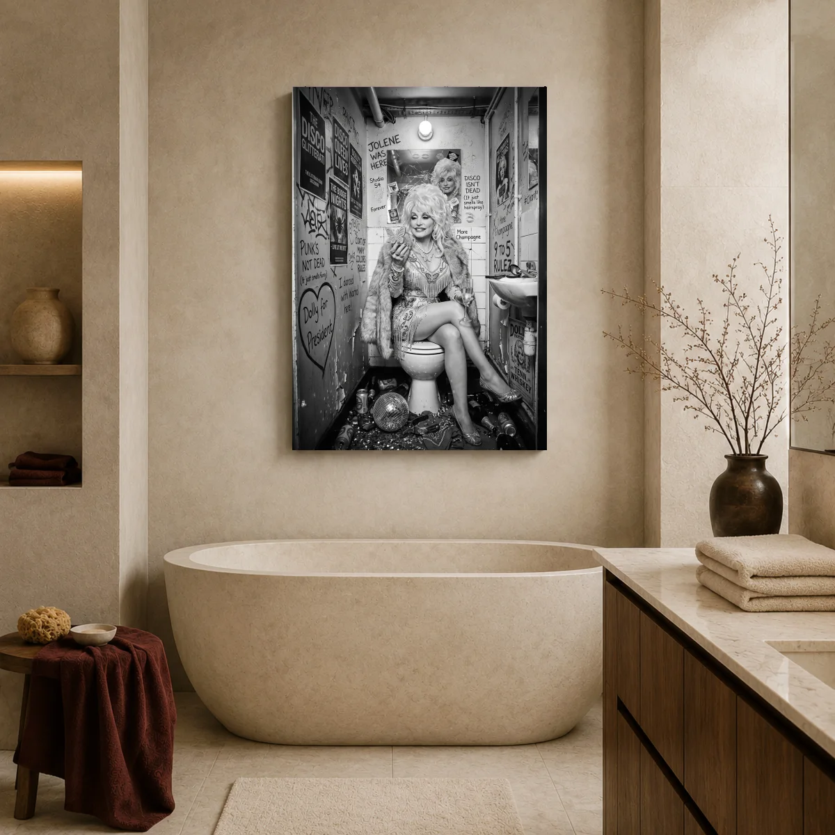 Dolly Parton Disco Bathroom Canvas Print & Poster Art — canvas 2 room mockup