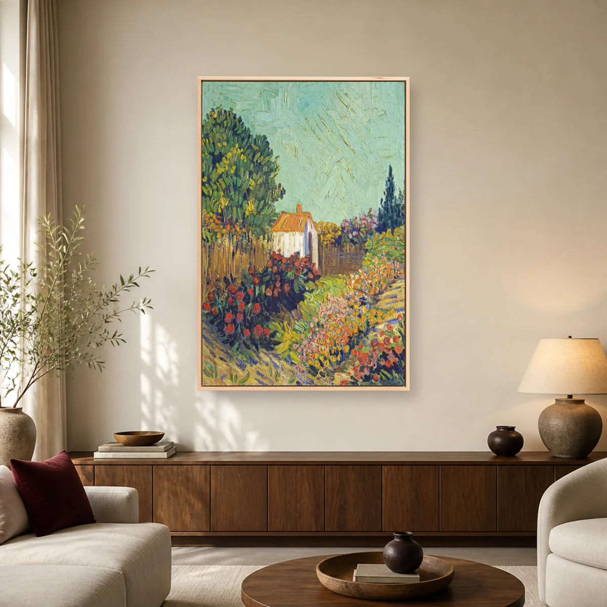 The Cottage Among Flowers Post-Impressionist Landscape Canvas Art — natural room mockup