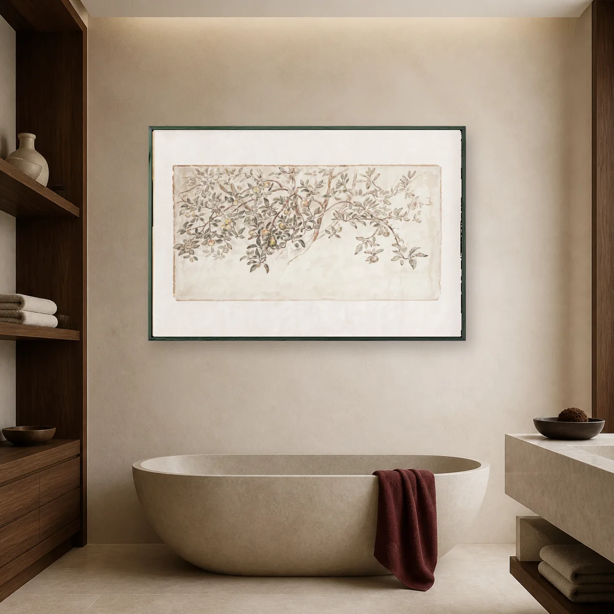 Vintage Fresco Apple Branch Wall Art — black room mockup