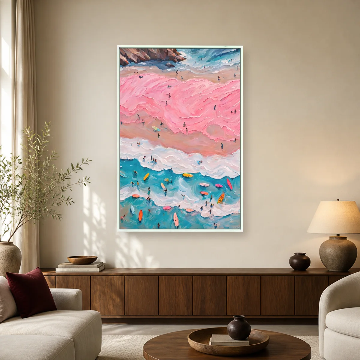 Aerial Beach Surf Canvas Print — white room mockup