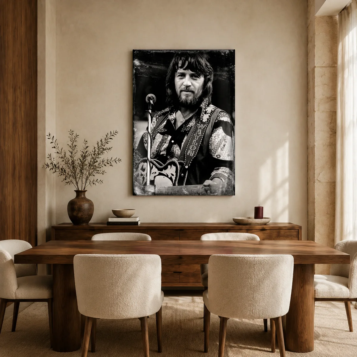 Waylon Jennings Vintage Music Legend Black and White Portrait — canvas 1 room mockup