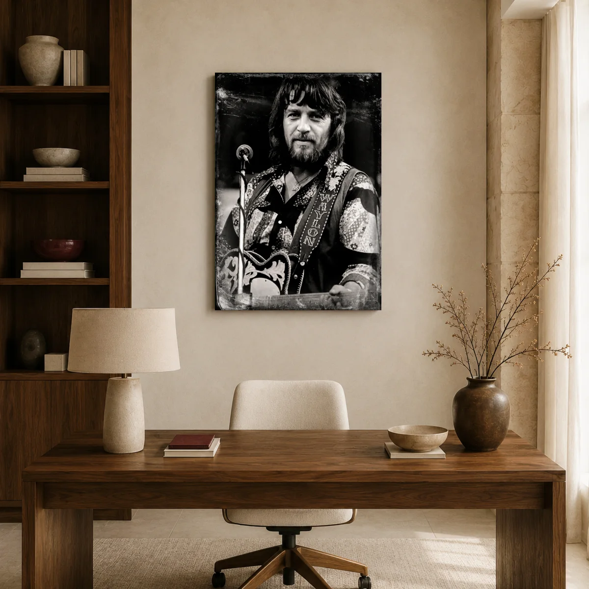 Waylon Jennings Vintage Music Legend Black and White Portrait — canvas 2 room mockup