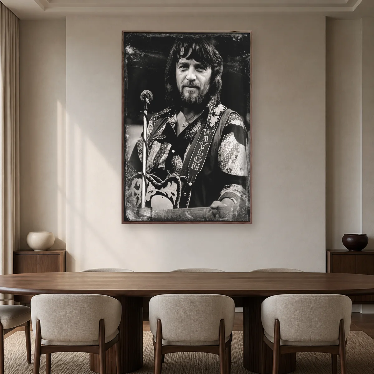 Waylon Jennings Vintage Music Legend Black and White Portrait — espresso room mockup