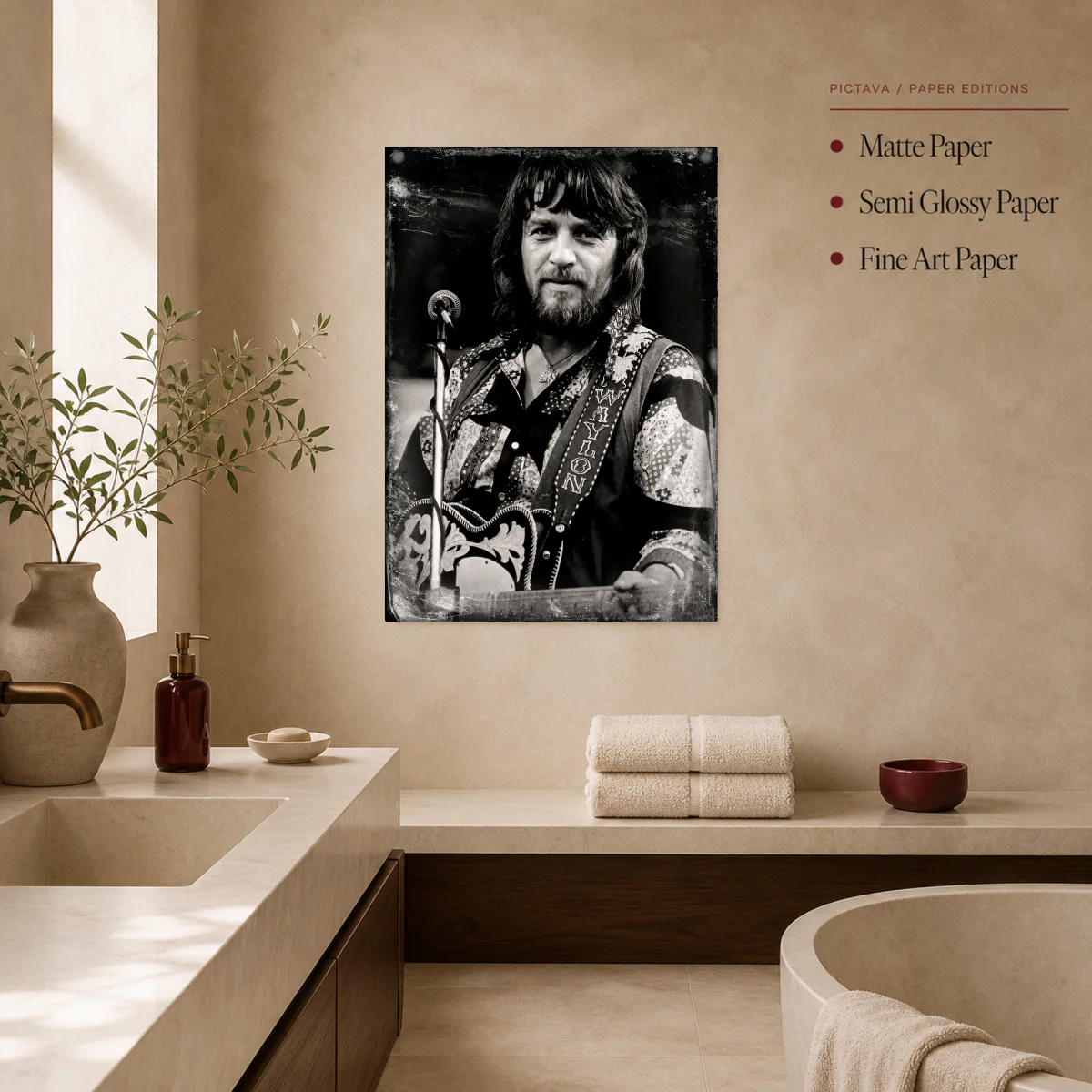 Waylon Jennings Vintage Music Legend Black and White Portrait — poster room mockup