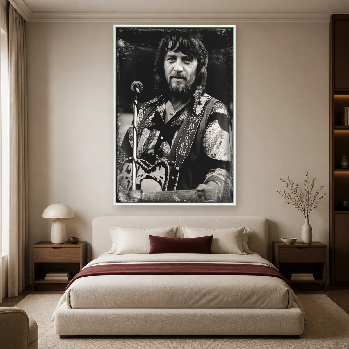 Waylon Jennings Vintage Music Legend Black and White Portrait — white room mockup