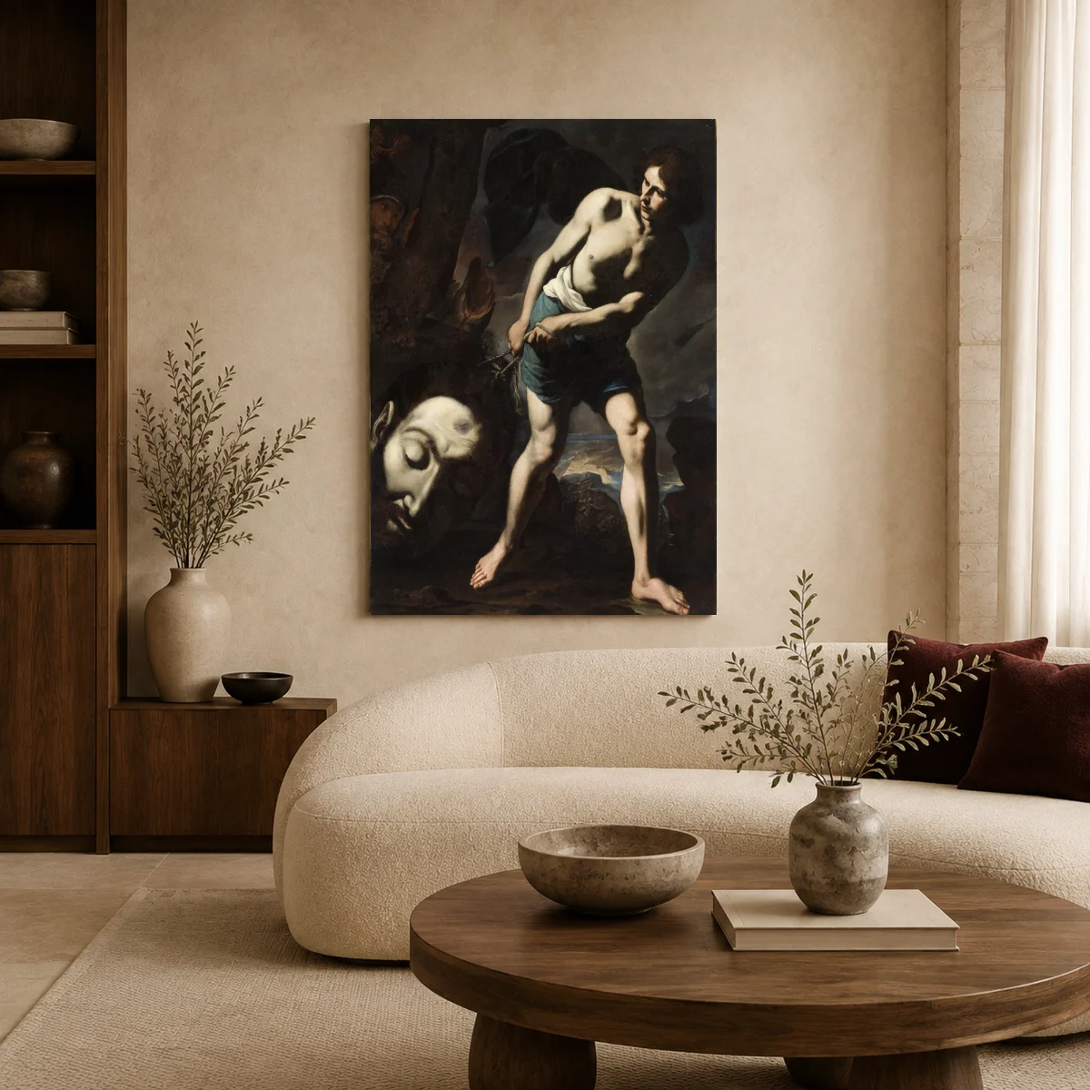 David with the Head of Goliath Baroque Fine Art Canvas Print in a styled interior