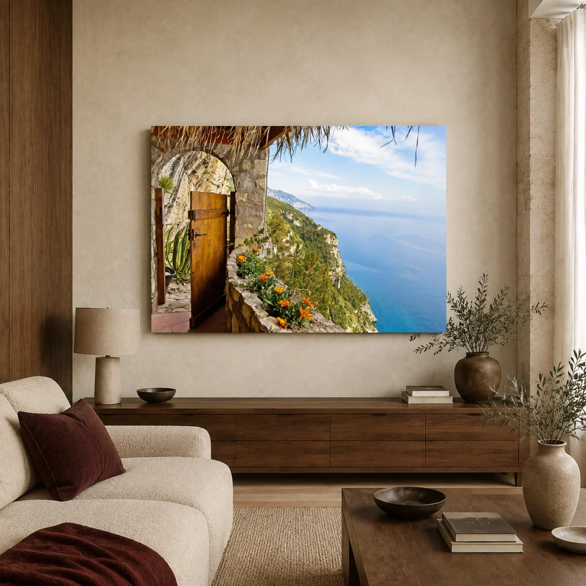 Amalfi Coast Balcony and Sea View Wall Art in a styled interior