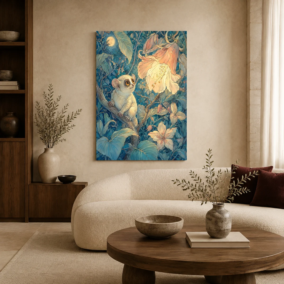 Moonlit Tarsier and Luminous Blossom Fantasy Art Print in a styled interior