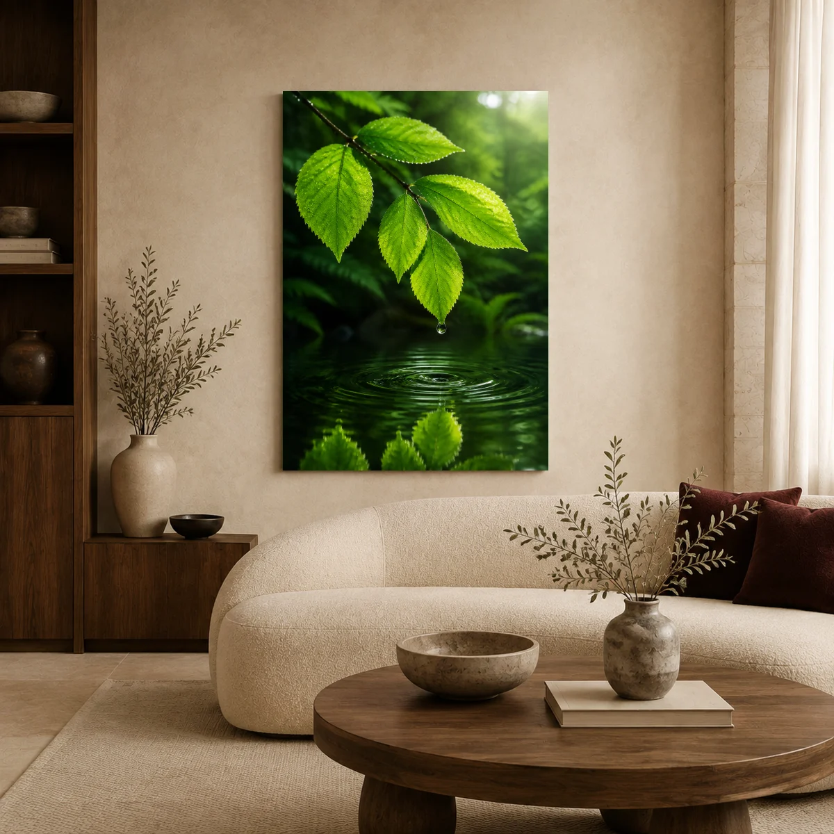 Emerald Droplet Botanical Nature Wall Art in a styled interior